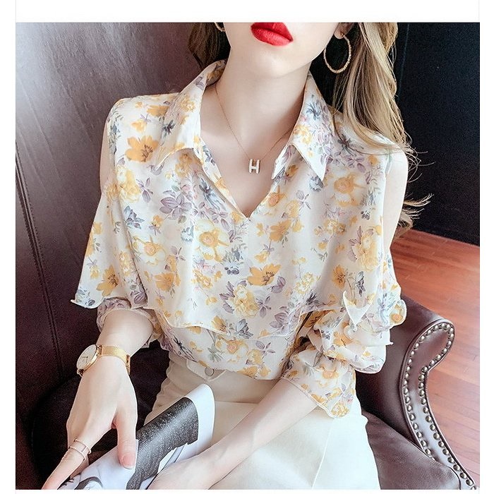 ブラウス レディース 40代 春夏オシャレブラウス 花柄シフォンブラウス 五 肩出しブラウスフレア袖 完成品 ブラウス レディース 40代 春夏オシャレブラウス 花柄シフォンブラウス 五 肩出しブラウスフレア袖 完成品
