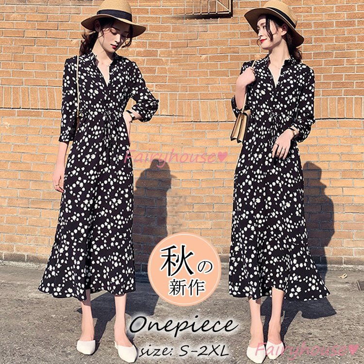 ワンピース いいスタイル レディース 40代 きれいめ マキシワンピース 花柄シフォン 服 V 七分袖ワンピース