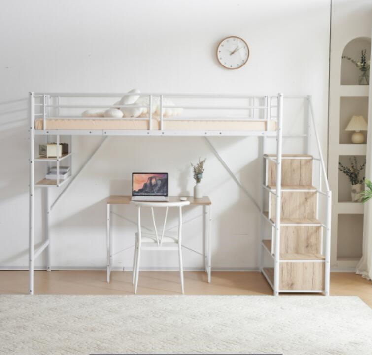 新作 ホワイト ロフトベッド 片側手すり付き 収納付き パイプベッド