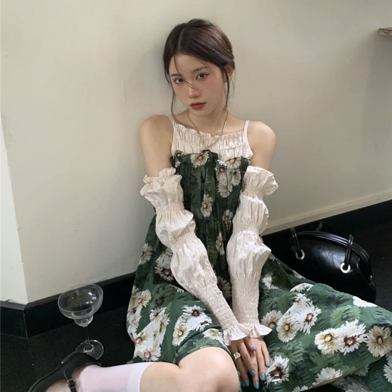 77 以上節約 韓国の肩の花の長袖のワンピースの女性の春服22新型のティータイムのスカート