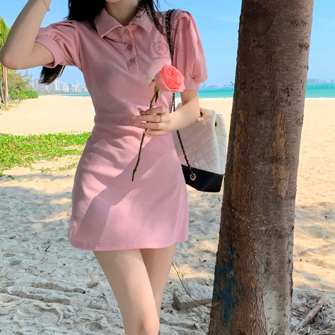 お待たせ! ミニワンピ Ｌ ピンク 着痩せ 体型カバー 韓国 ガーリー パフスリーブ 半袖