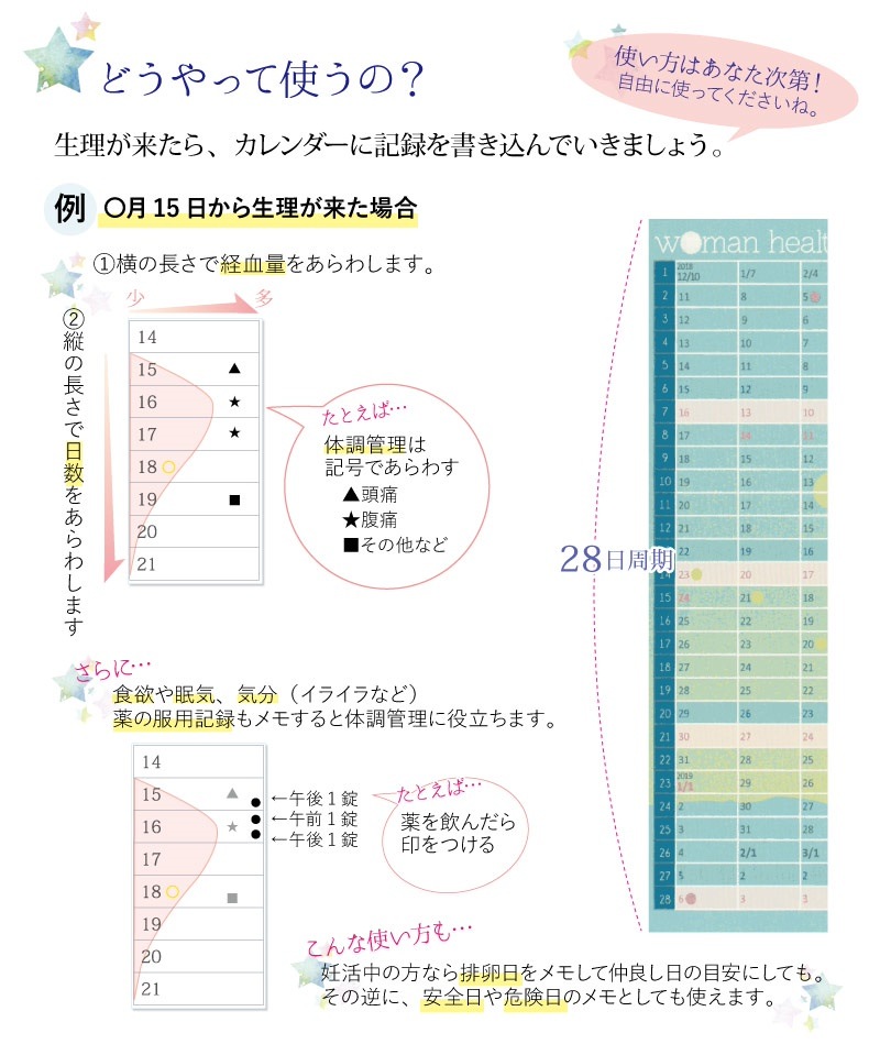 Qoo10 19年度版 ウーマンヘルスチェックカレンダーお月様のリズムで体調管理 生理日体調管理に 生理周期 満月 新月 手帳に貼れるシールタイプ 女性用 ジュランジェ 布ナプキン