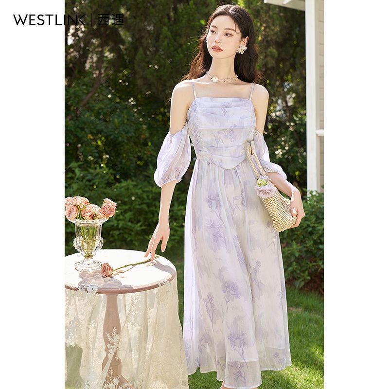 2025新製品ログインラベンダー色 フラワープ ホルターネックワン 夏