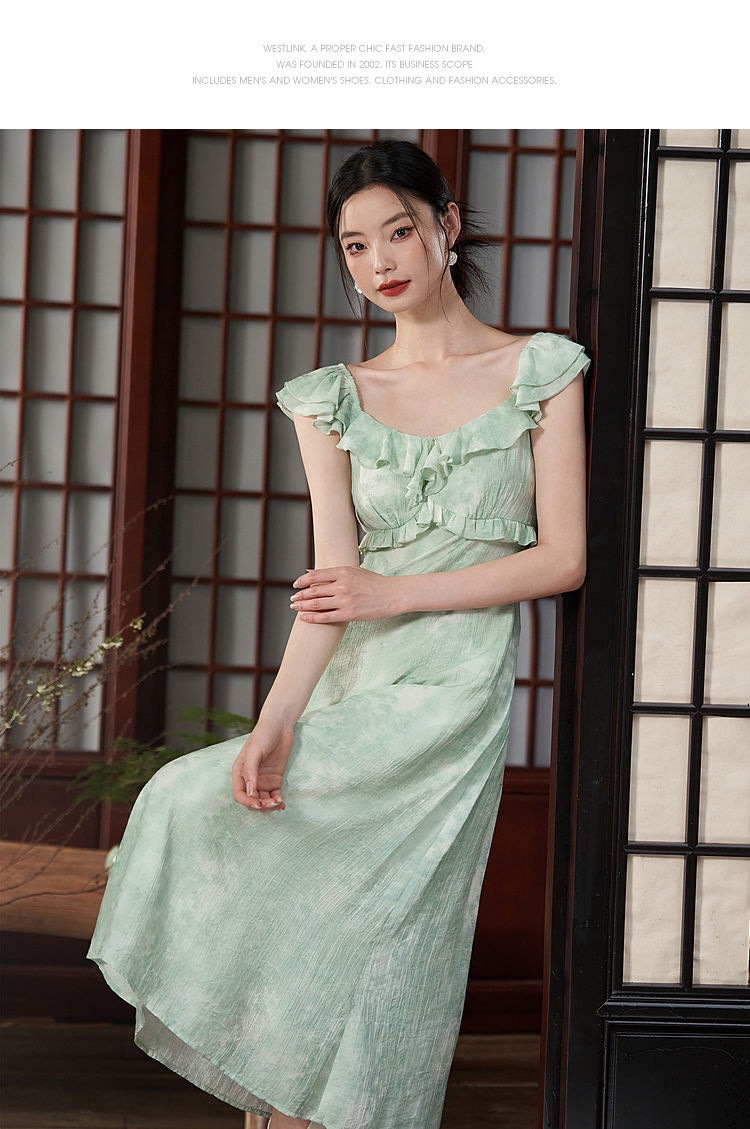 リーフグリーン サマーフレッシュワンピース 2025夏 スクエアネック