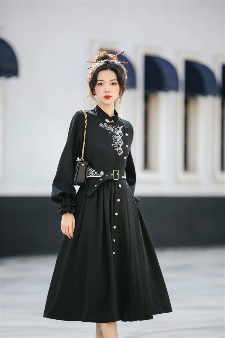 チャイナ風ワンピース 長袖 ベルト付き チャイナ服 高見え ロング