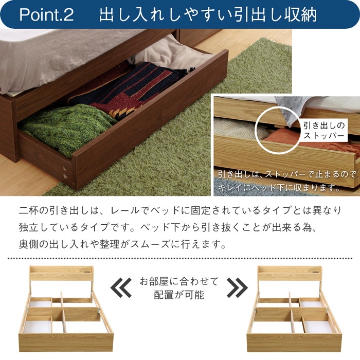 Sシングル 美しいシンプルフォルムの実用的機能的ベッド RUES-ルースベッドフレーム 引き出し収納2杯付き 宮棚ヘッドボード コンセント付き cy44113