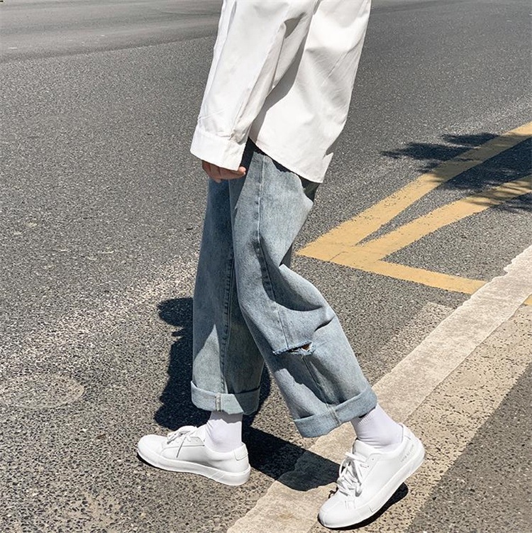 韓国ファッション レトロ 大人気 ジーンズ スリム 破れ ロングパンツ 怠惰な風 ストレート デニム ジーンズ 超激安 Vivalafocaccia Com