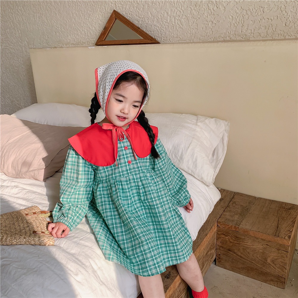 値下げ 韓国の子供服の22春の新しいモデルの女の子の格子のワンピース長袖の女の子のかわいい王女のスカート 100 品質保証