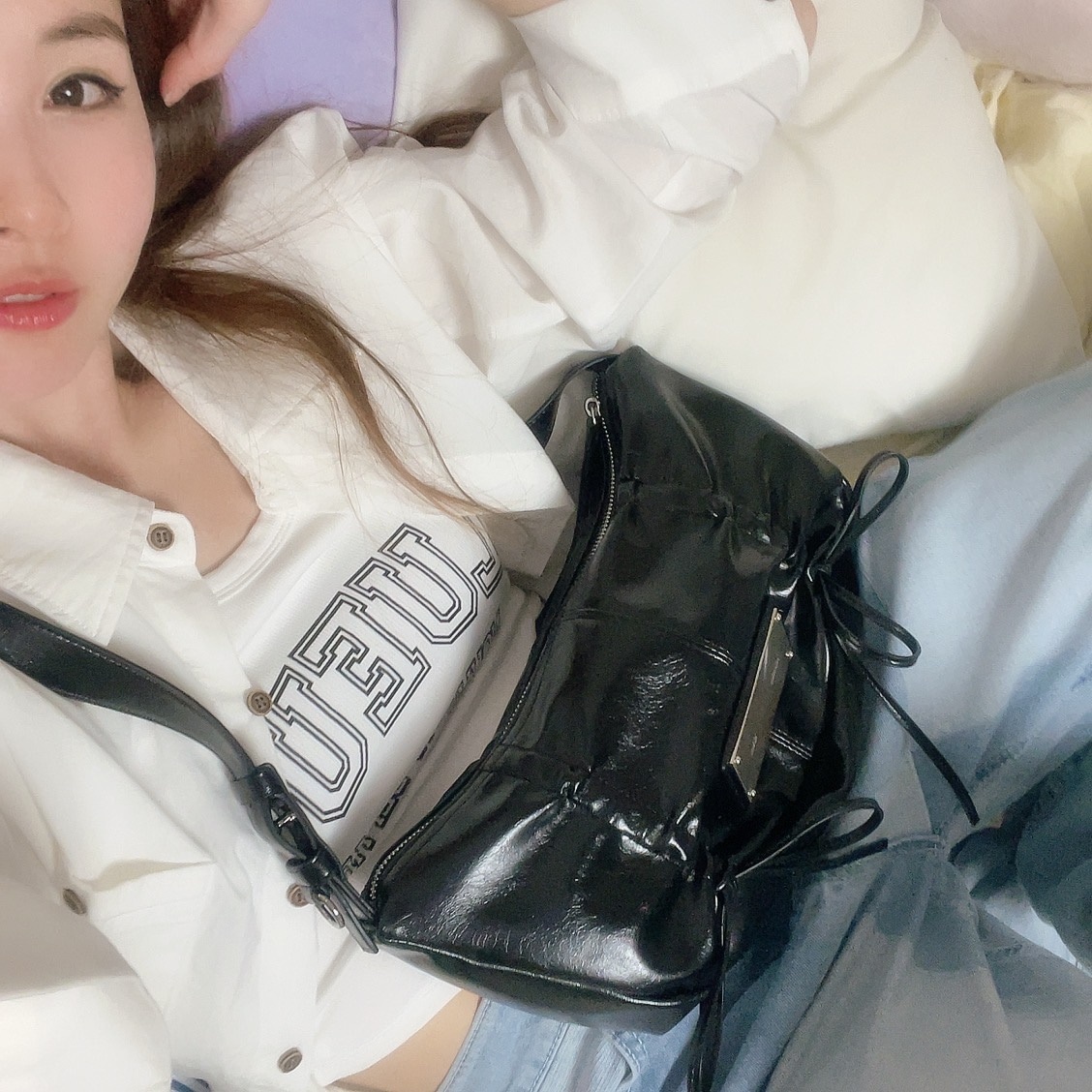 Qoo10] Matin Kim 半シャーリングリボンラウンドトートバッグ